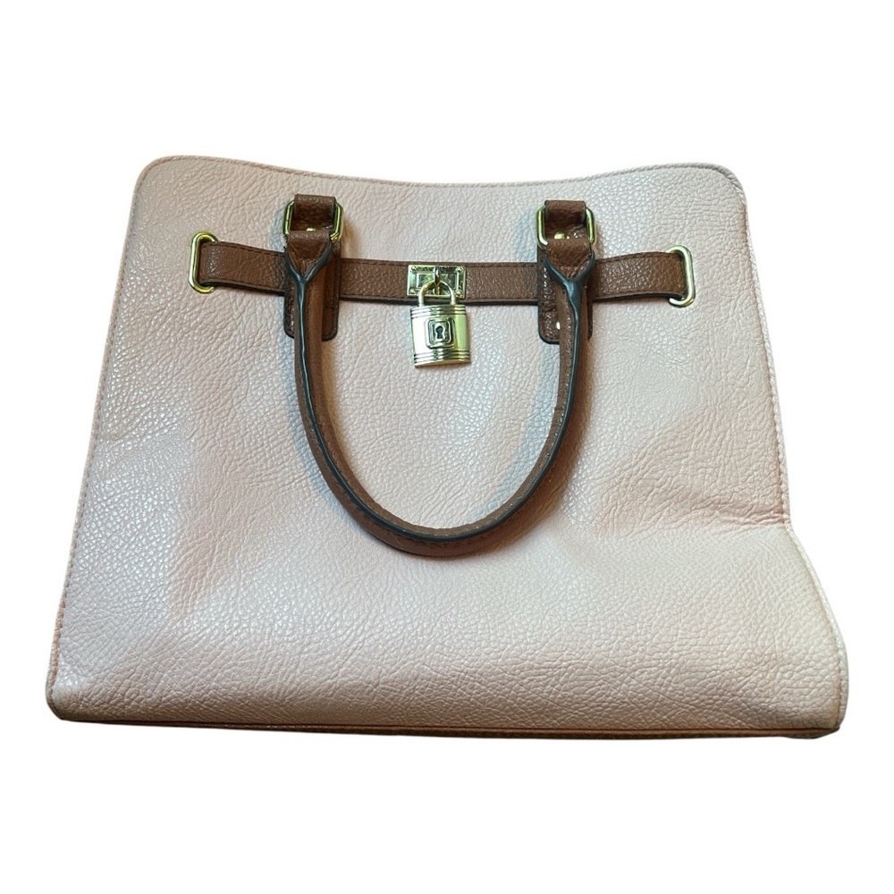 Vegan Leather Brown and Pink Structured Satchel with Double Handles - Picture 5 of 9